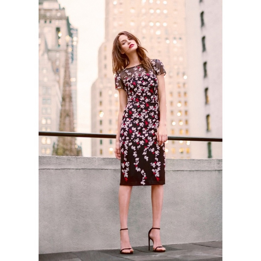 David Meister Falling Petal‎ Embroidered Sheath Dress Black Red White Size 0